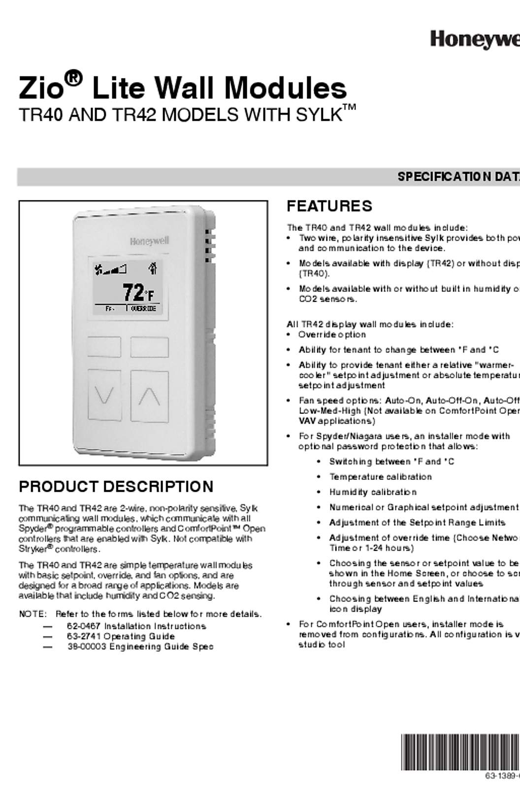 Honeywell 63-1389—04 - Zio Lite Wall Modules