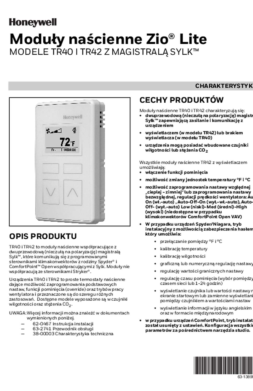 Honeywell 63-1389P—01 - Moduły naścienne Zio® Lite