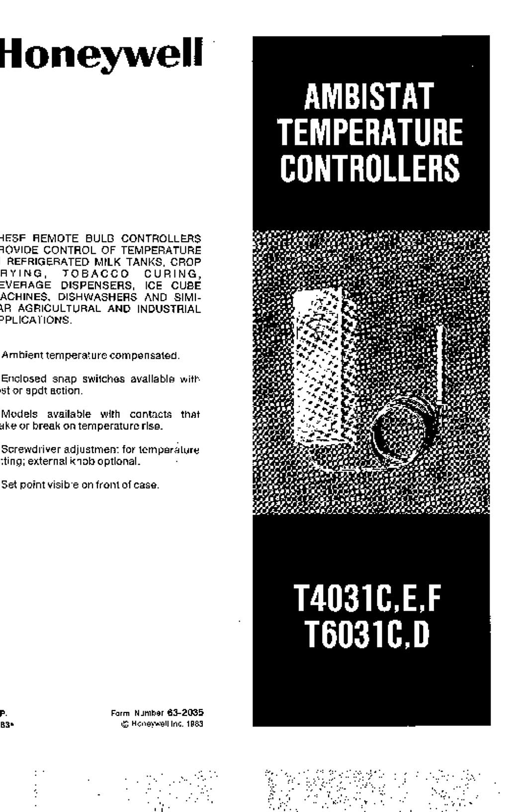 Honeywell Product Data for T4031C, T4031E, T4031F, T6031C, T6031D Ambistat Temperature Controllers (English)