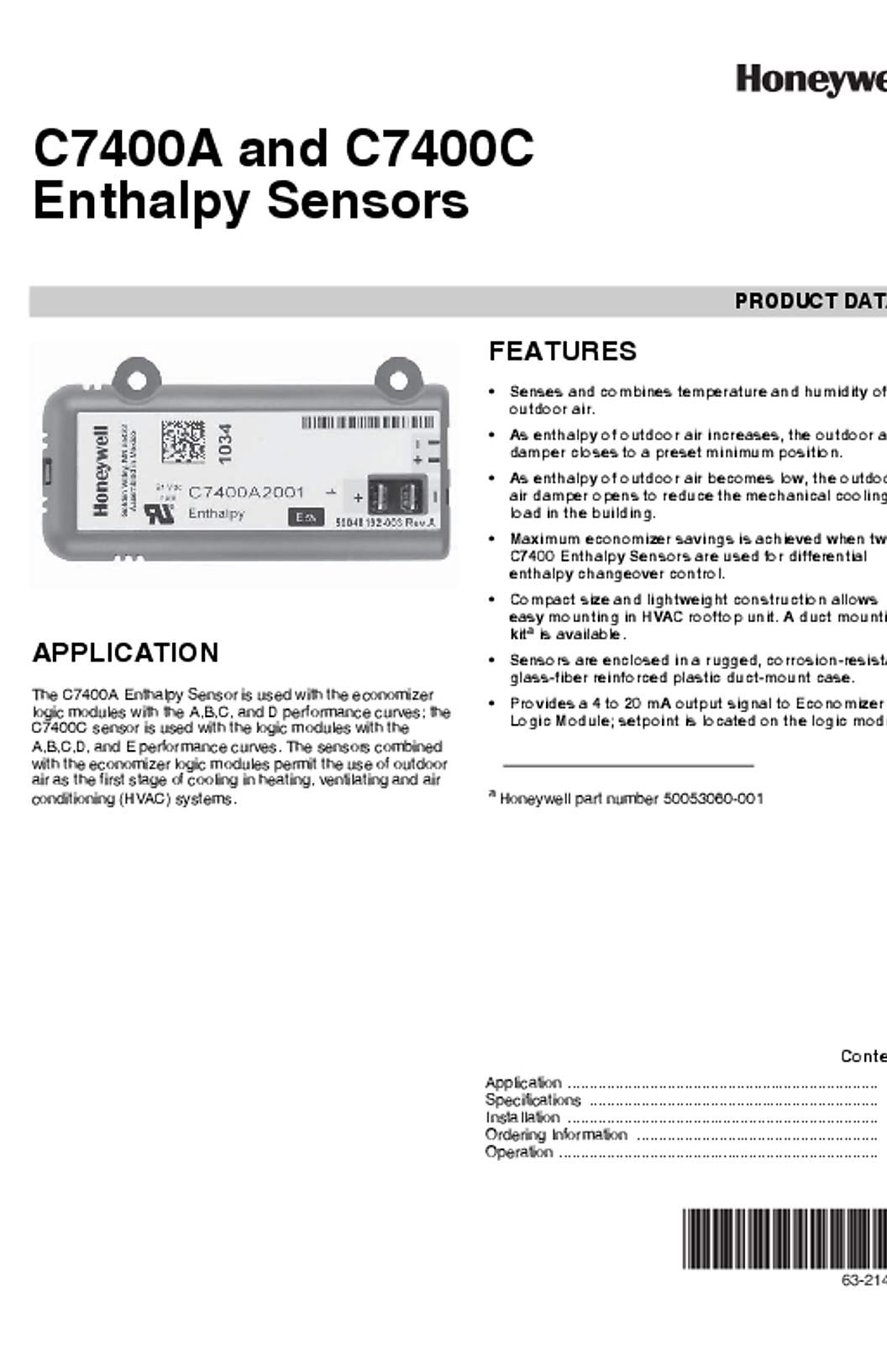 Honeywell C7400A and C7400C Enthalpy Sensors Product Data - 63-2140