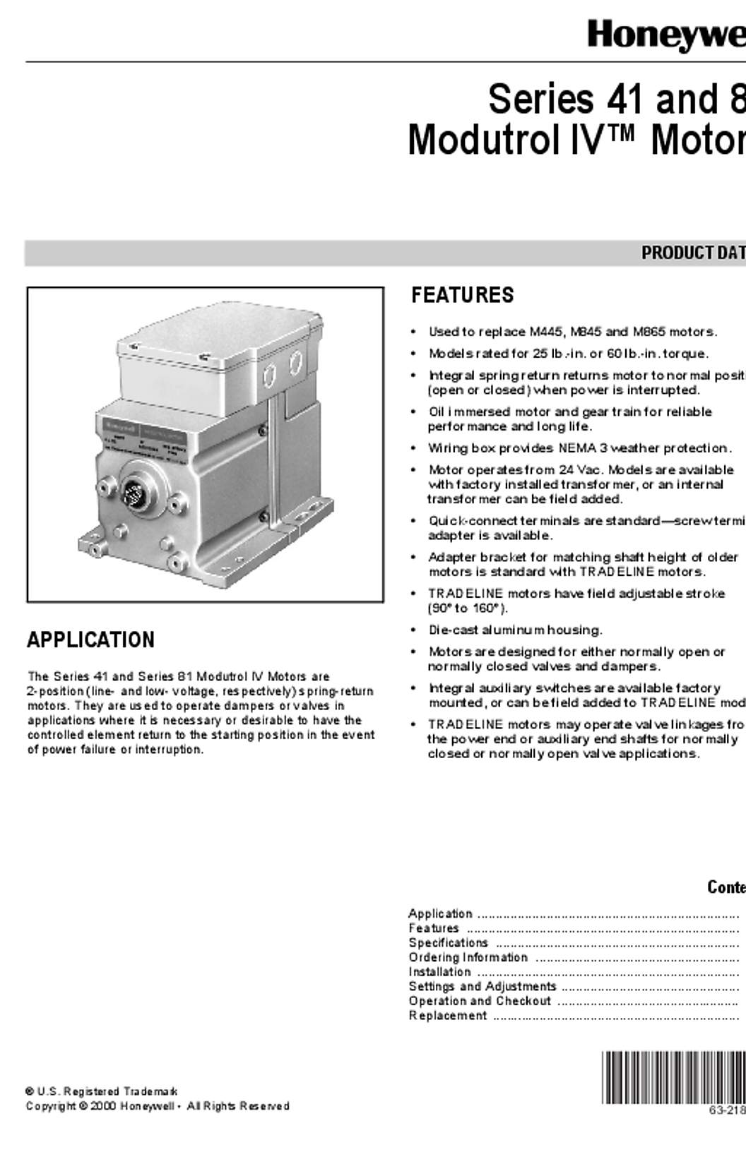 Honeywell 63-2187  --  Series 41 and 81 Modutrol IV™ Motors