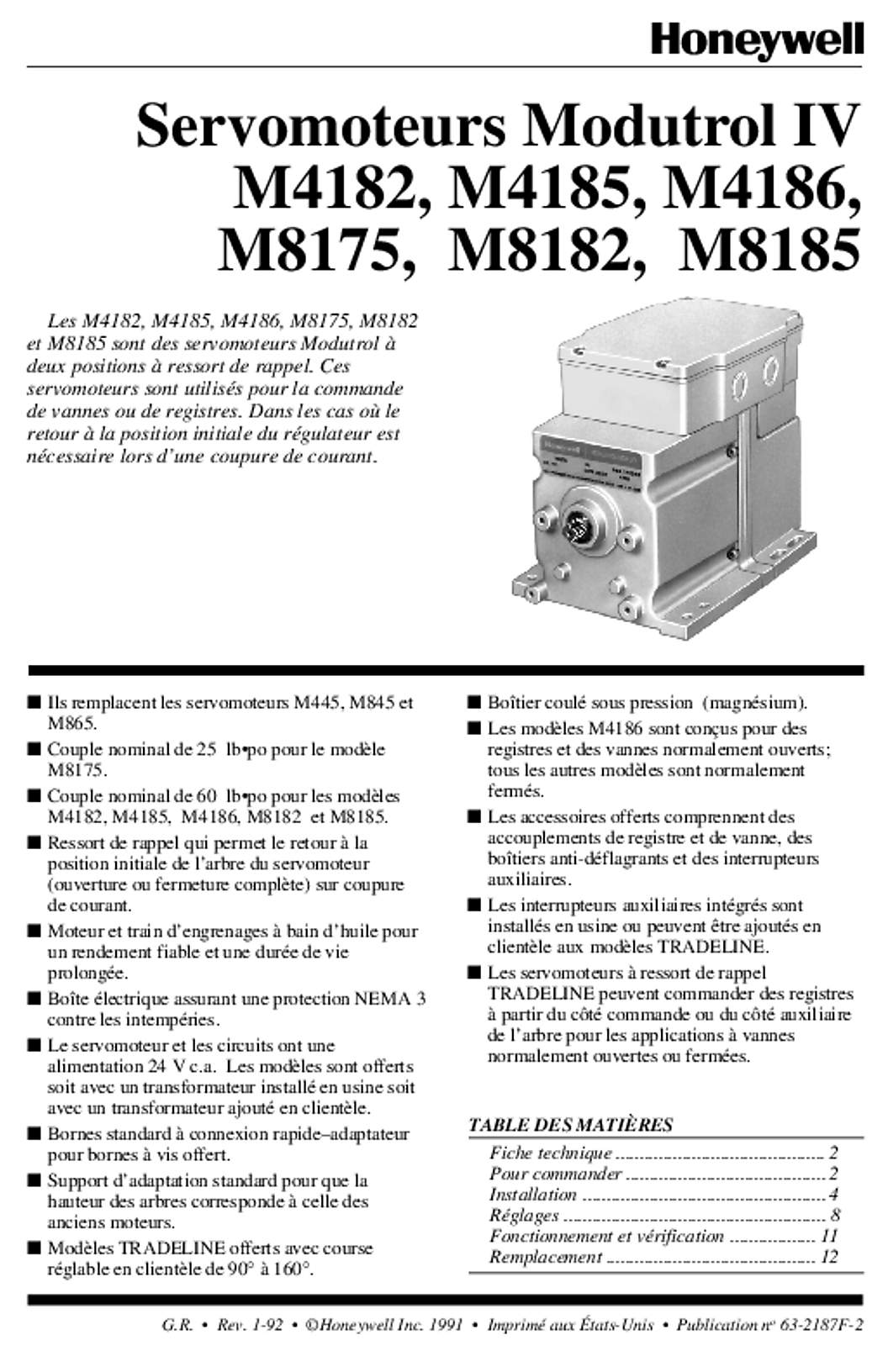 Honeywell 63-2187F - Servomoteurs Modutrol IV|M4182, M4185, M4186, M8175,  M8182,  M8185