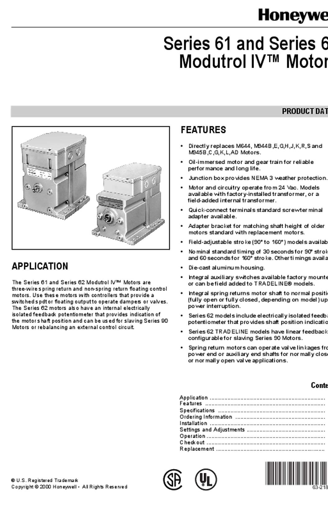 Honeywell 63-2188 - Series 61 and Series 62 Modutrol IV Motors