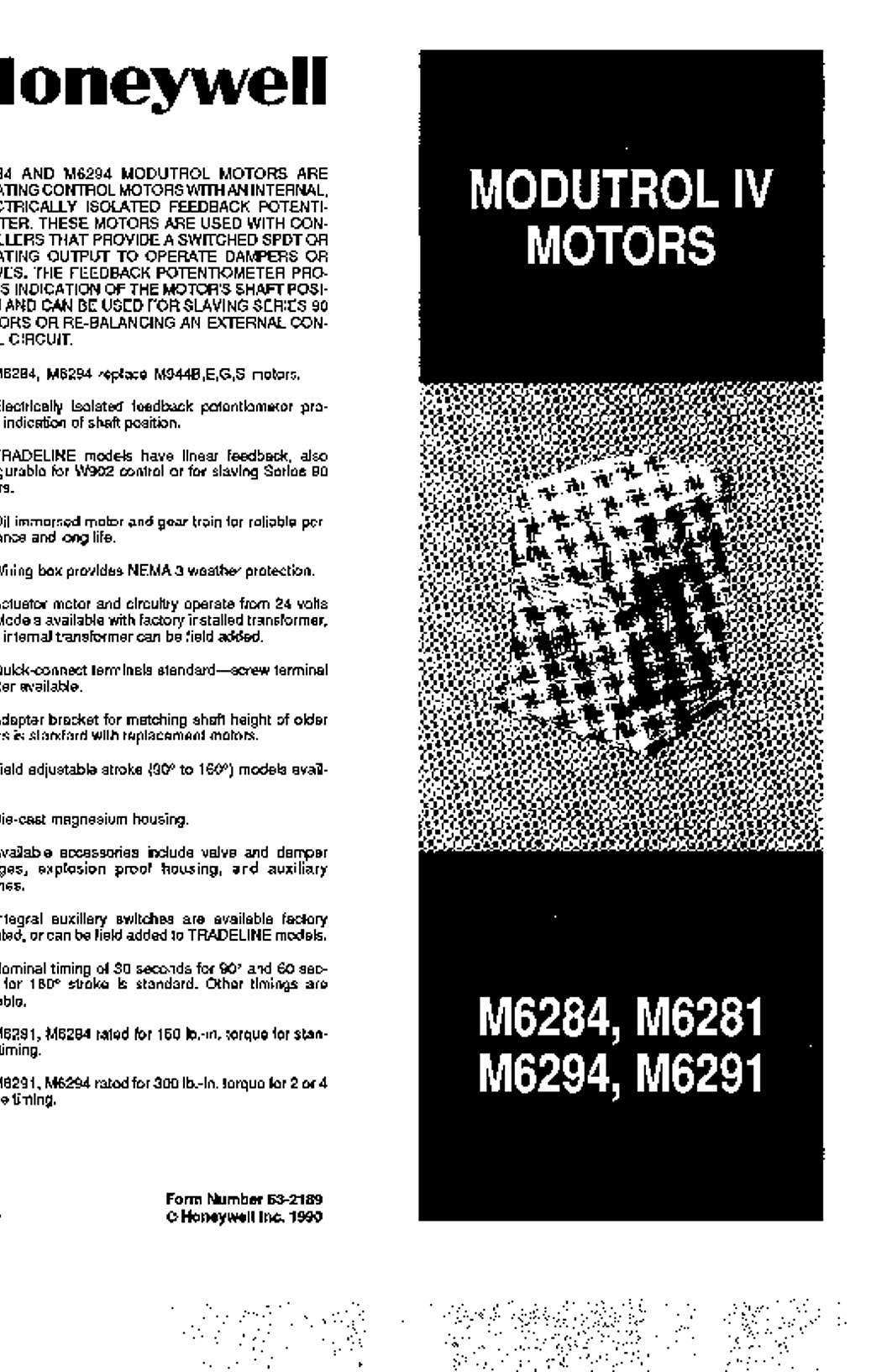 Honeywell Product Data for M6281, M6284, M6291, M6294 M6284, M6281, M6294, M6291 Modutrol IV Motors (English)