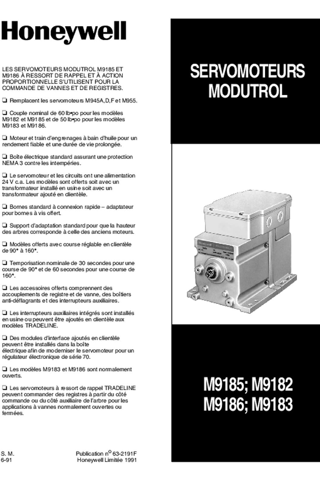 Honeywell 63-2191F-  SERVOMOTEURS MODUTROL M9185; M9182; M9186; M9183