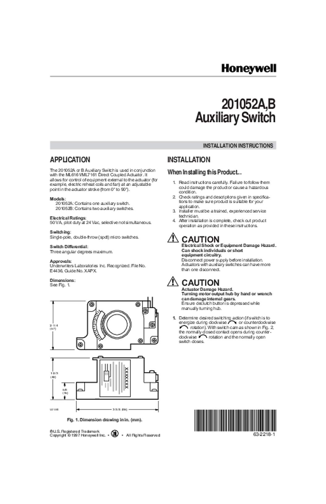 Honeywell 63-2218 - 201052A,B Auxiliary Switch