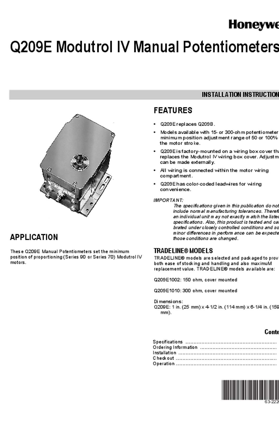 Honeywell 63-2226-02 - Q209E Modutrol IV Manual Potentiometers