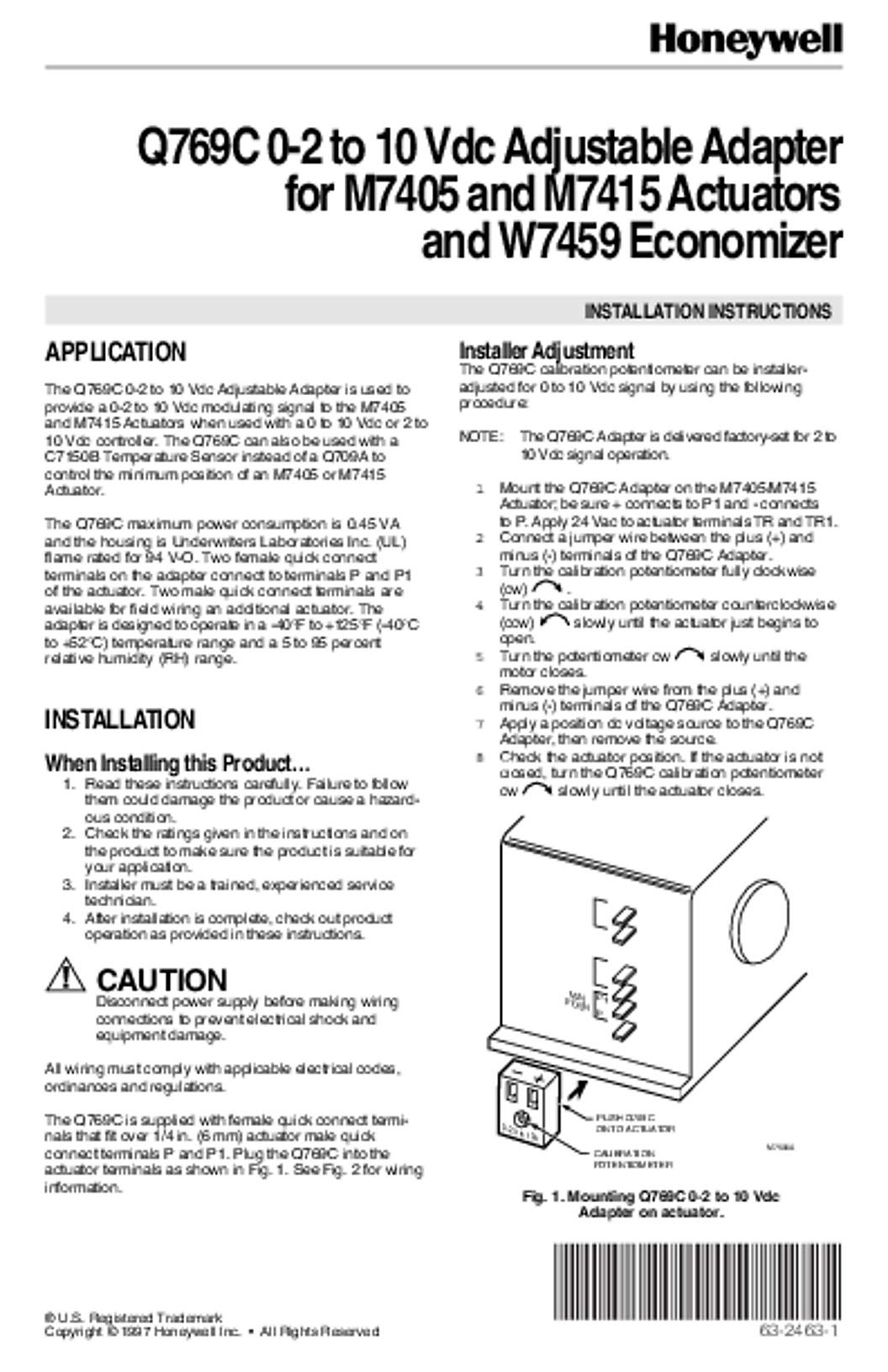 Honeywell 63-2463 - Q769C 0-2 to 10 Vdc Adjustable Adapter  for M7405 and M7415 Actuators and W7459 Economizer