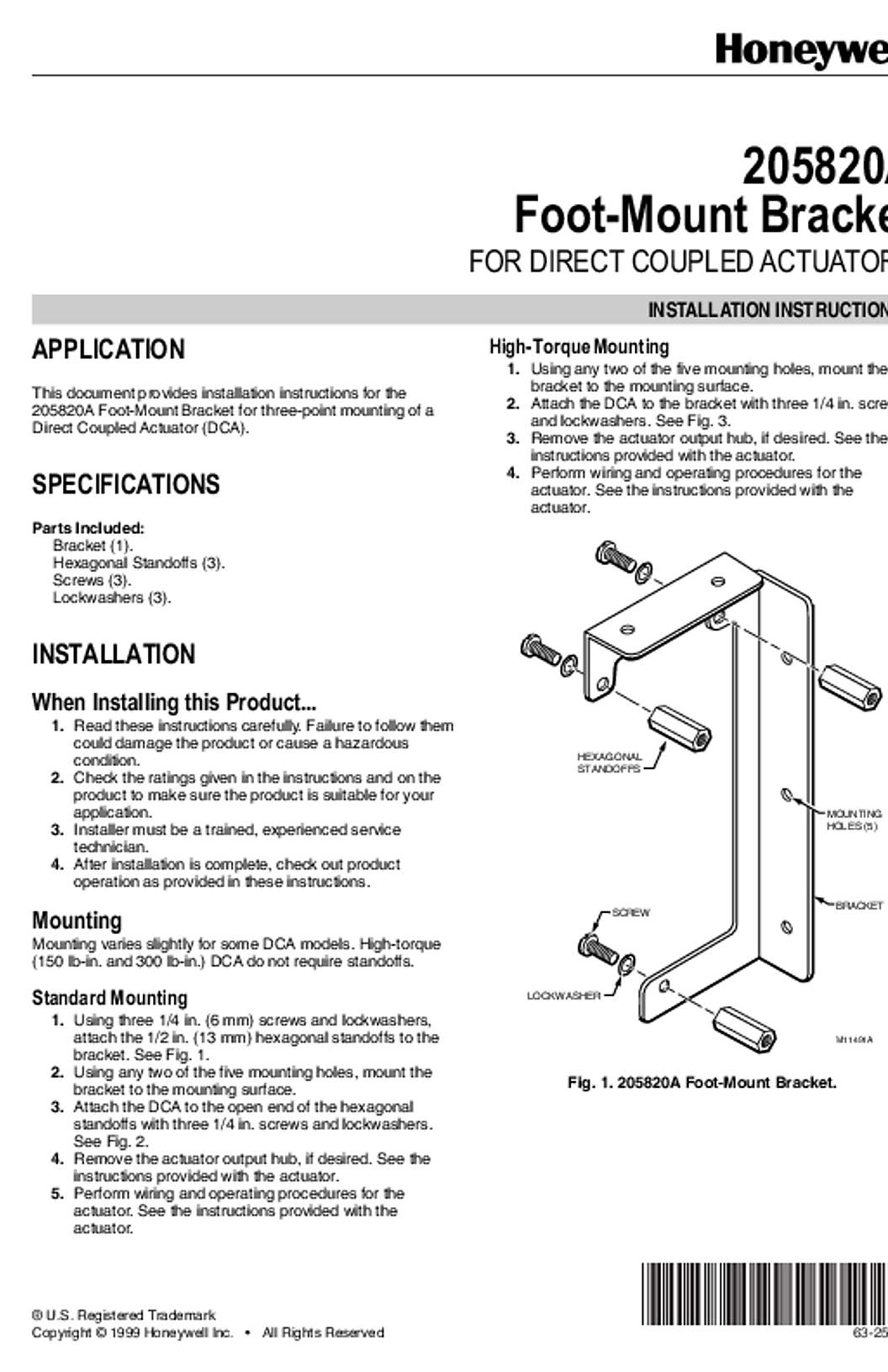 Honeywell 63-2500 - 205820A Foot-Mount Bracketfor Direct Coupled Actuators