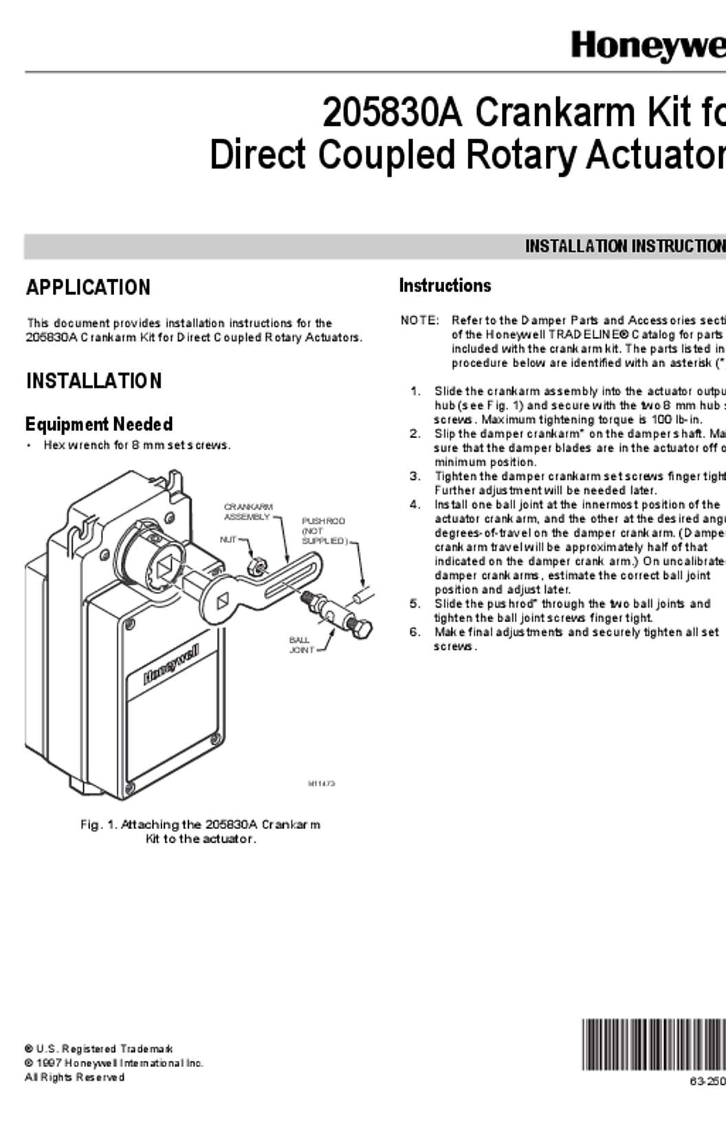 Honeywell 63-2501   205830A Crankarm Kit for Direct Coupled Rotary Actuators
