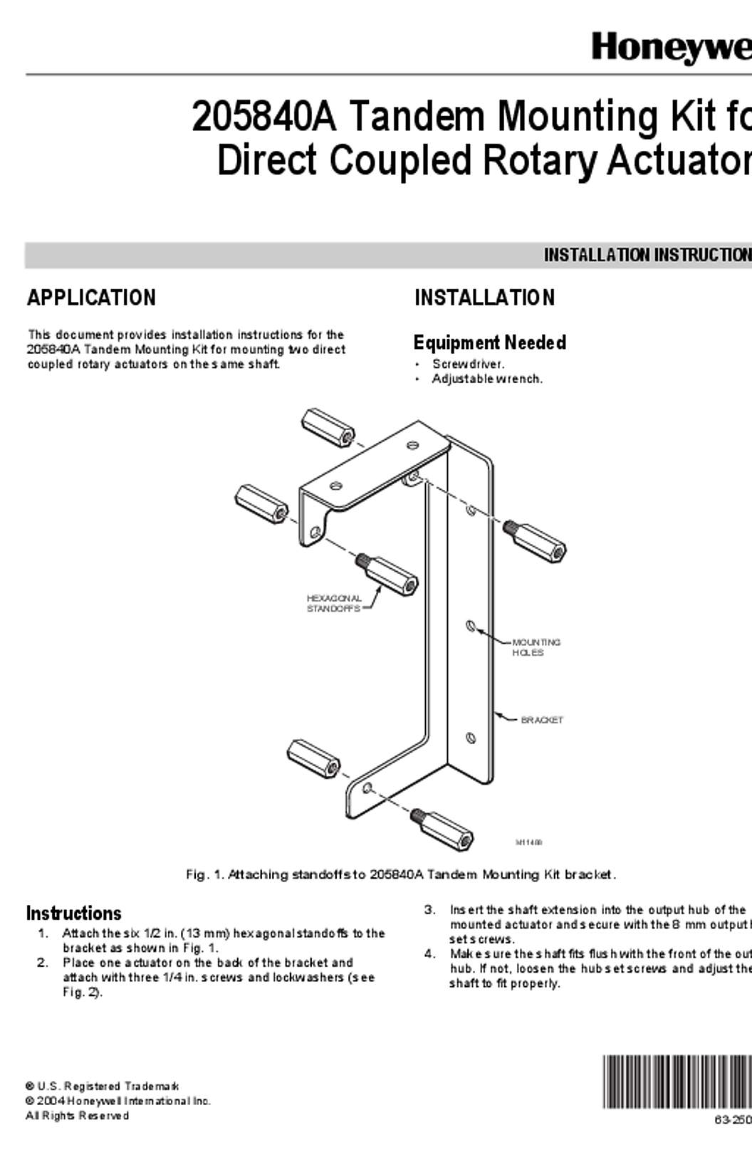Honeywell 63-2502   205840A Tandem Mounting Kit for Direct Coupled Rotary Actuators