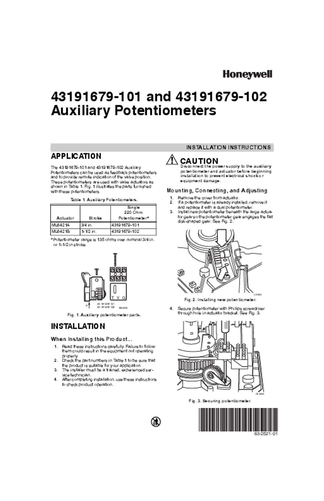 Honeywell 63-2521—01 - 43191679-101 and 43191679-102 Auxiliary Potentiometers