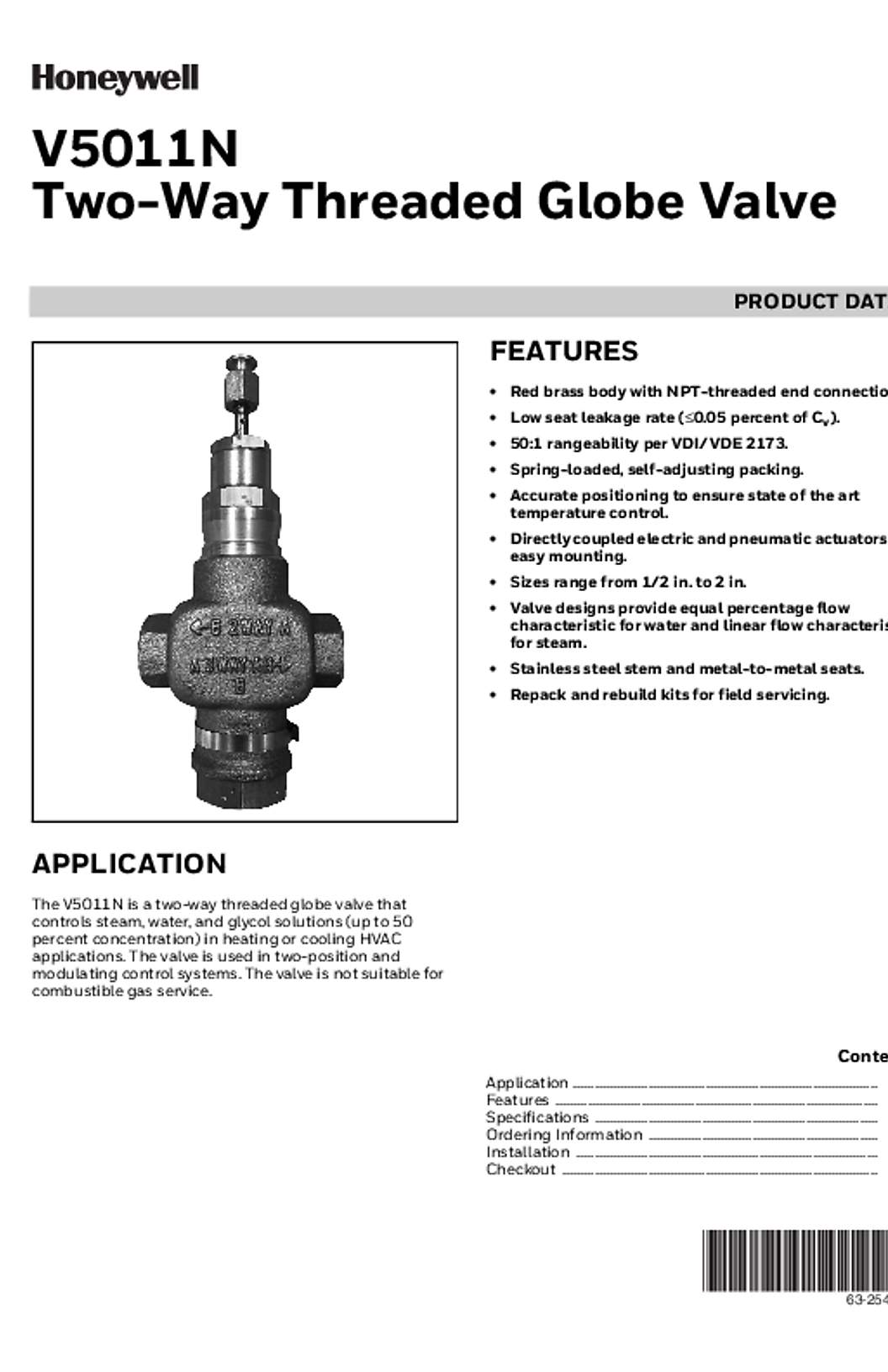 Honeywell 63-2548—04 - V5011N Two-Way Threaded Globe Valve