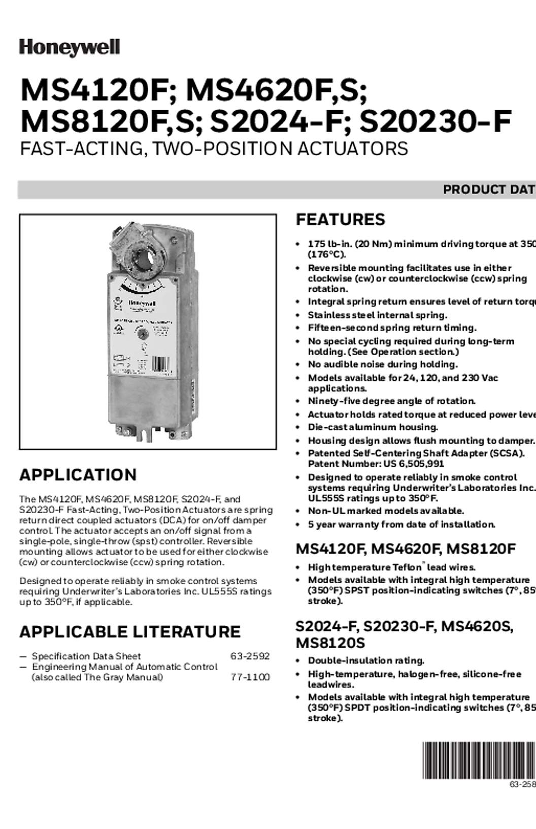 Honeywell 63-2584—14 - MS4120F; MS4620F,S; MS8120F,S; S2024-F; S20230-F Fast-Acting, Two-Position Actuators