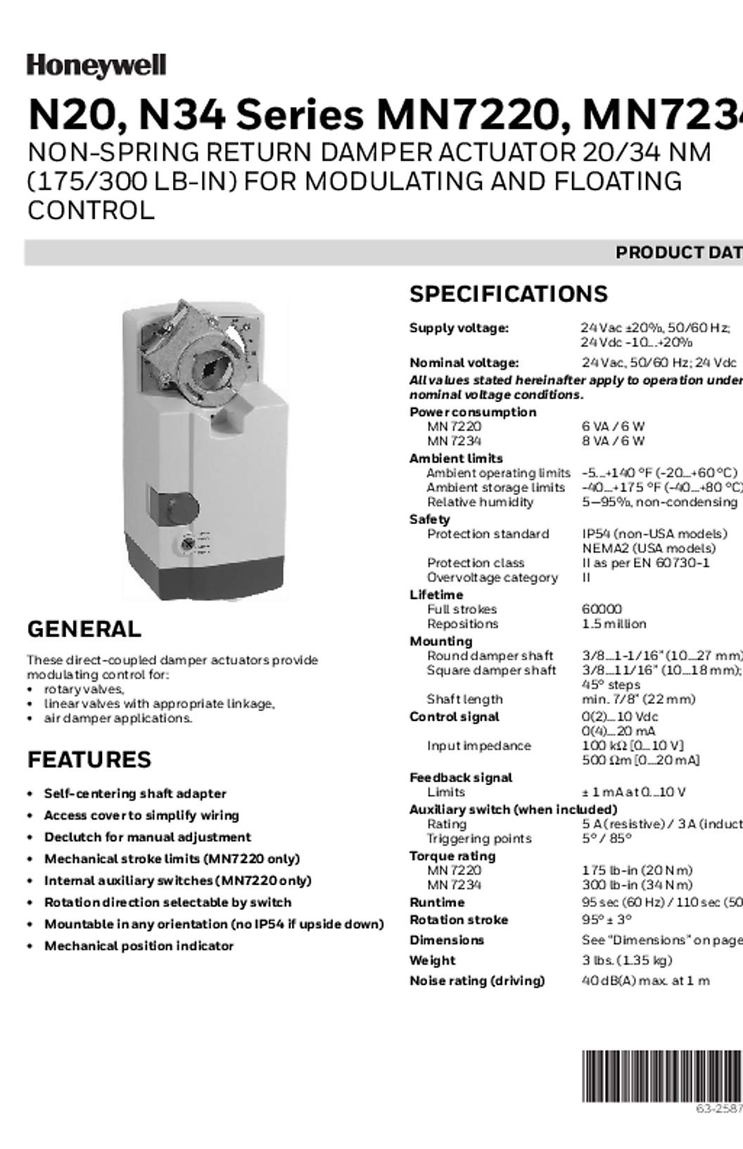 Honeywell 63-2587—03 - N20, N34 Series MN7220, MN7234