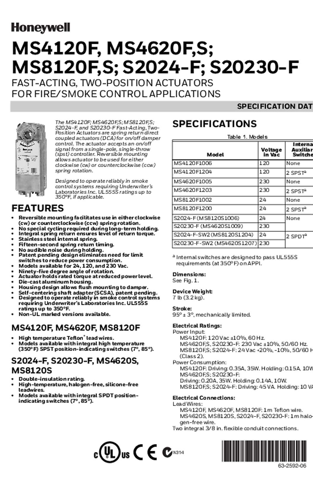 Honeywell 63-2592—06 - MS4120F, MS4620F,S; MS8120F,S; S2024-F; S20230-F