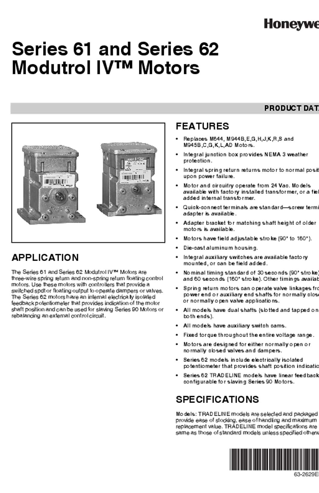 Honeywell 63-2629EF—01 - Series 61 and Series 62 Modutrol IV™ Motors