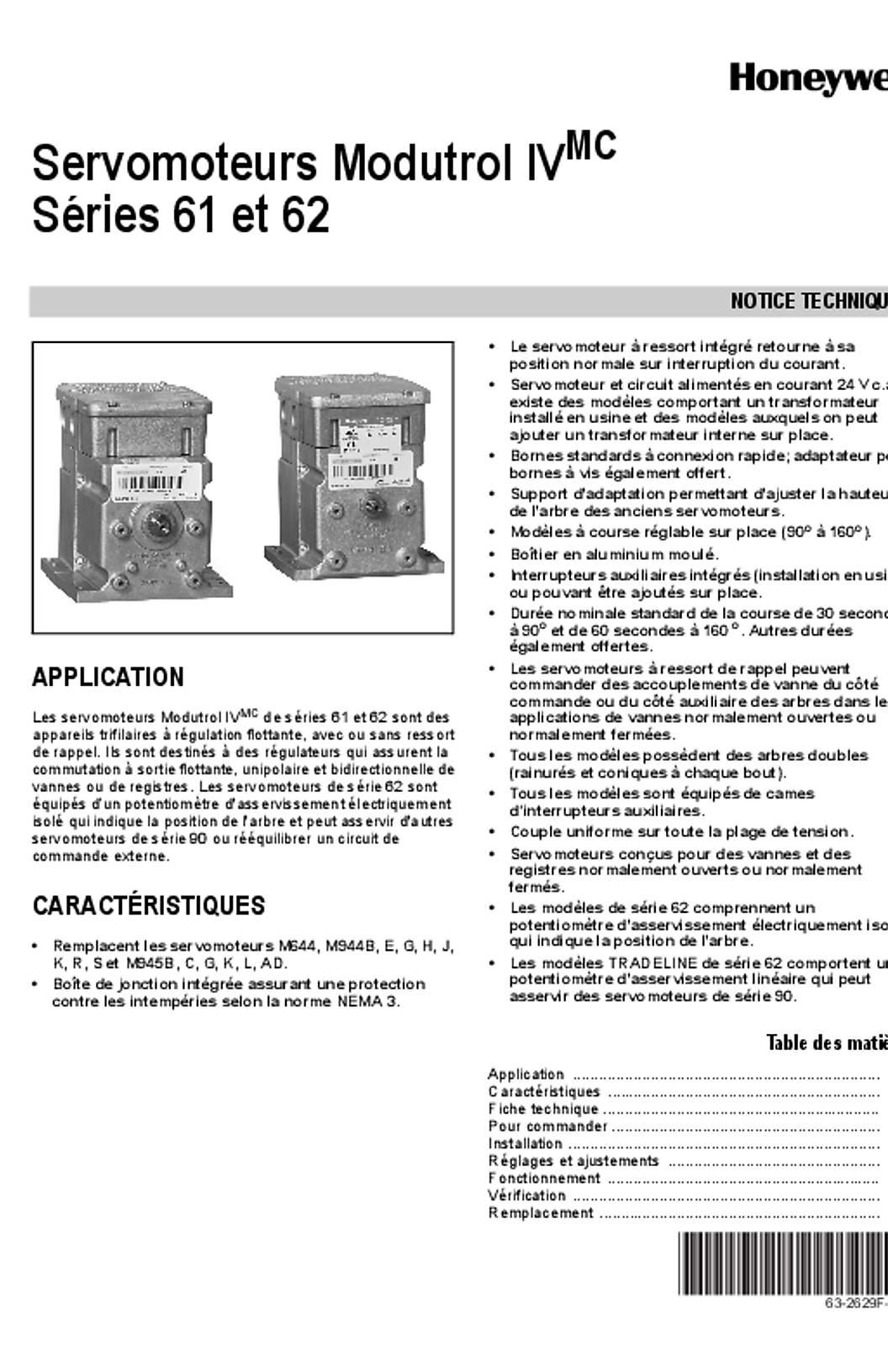 Honeywell 63-2629F-04 Servomoteurs Modutrol IV Séries 61 et 62