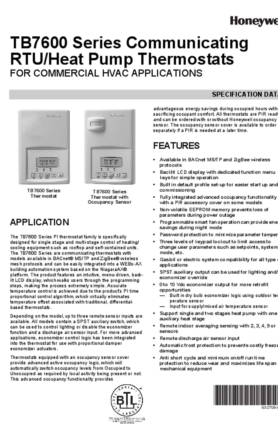 Honeywell 63-2706—04 - TB7600 Series Communicating RTU/Heat Pump Thermostats