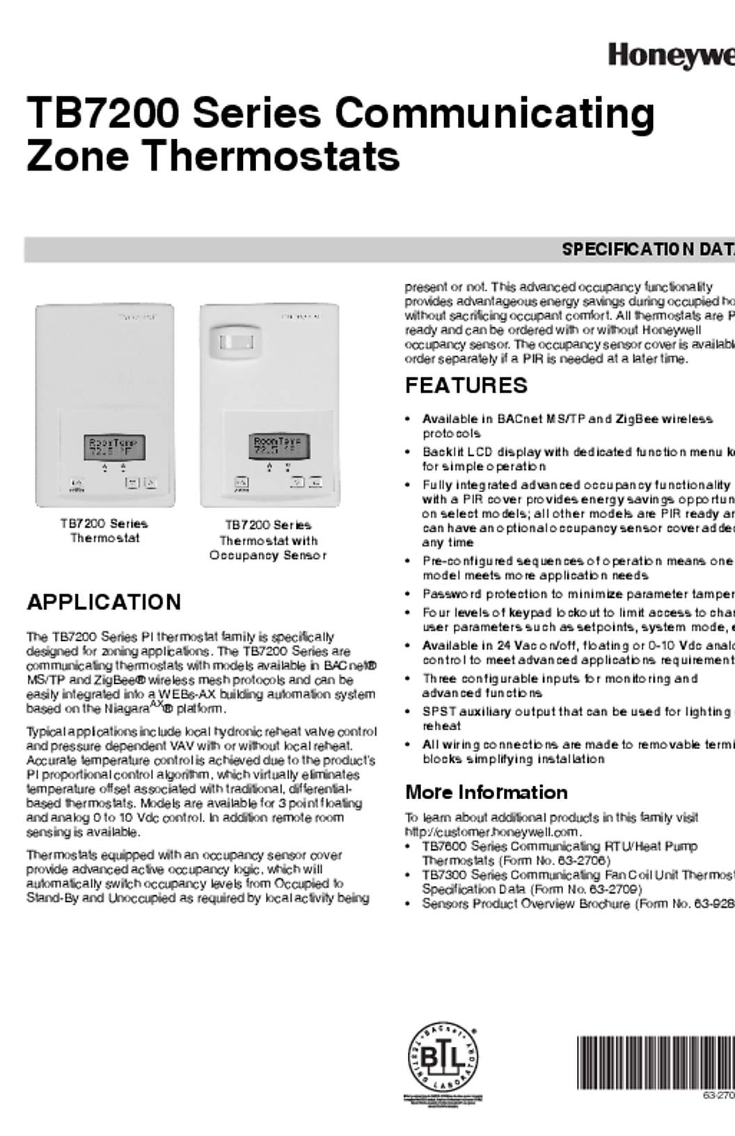 Honeywell 63-2708—04 - TB7200 Series Communicating Zone Thermostats