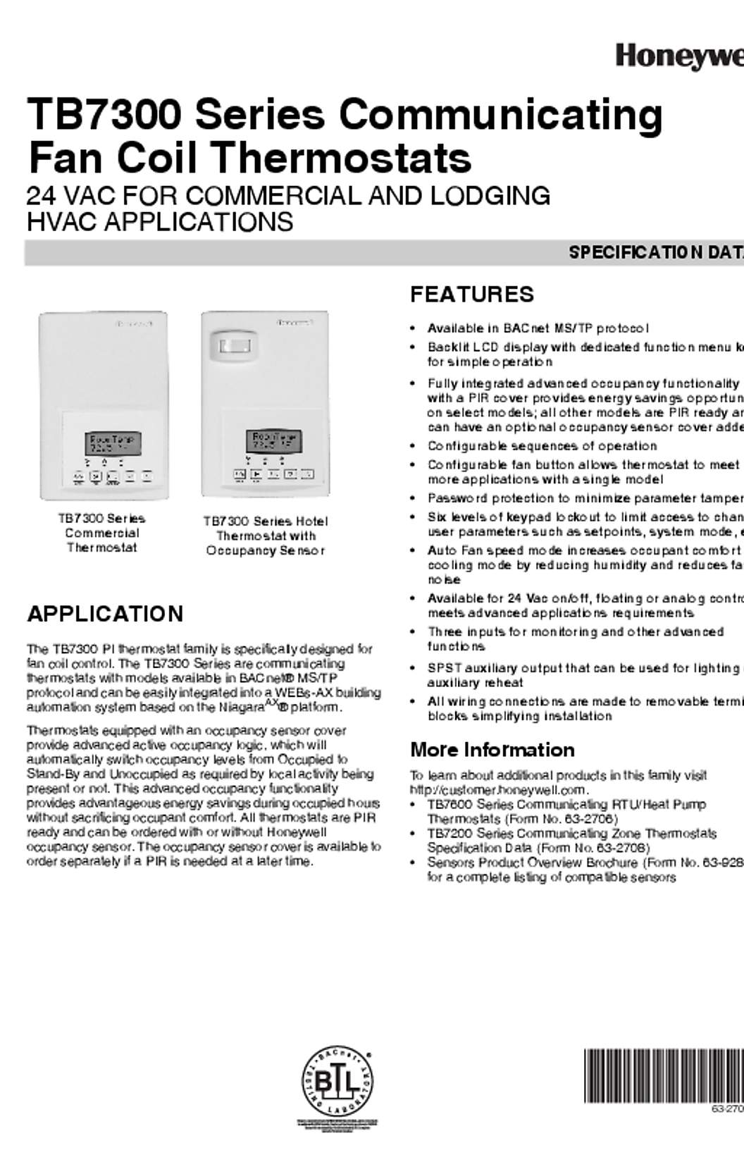 Honeywell 63-2709—04 - TB7300 Series Communicating Fan Coil Thermostats