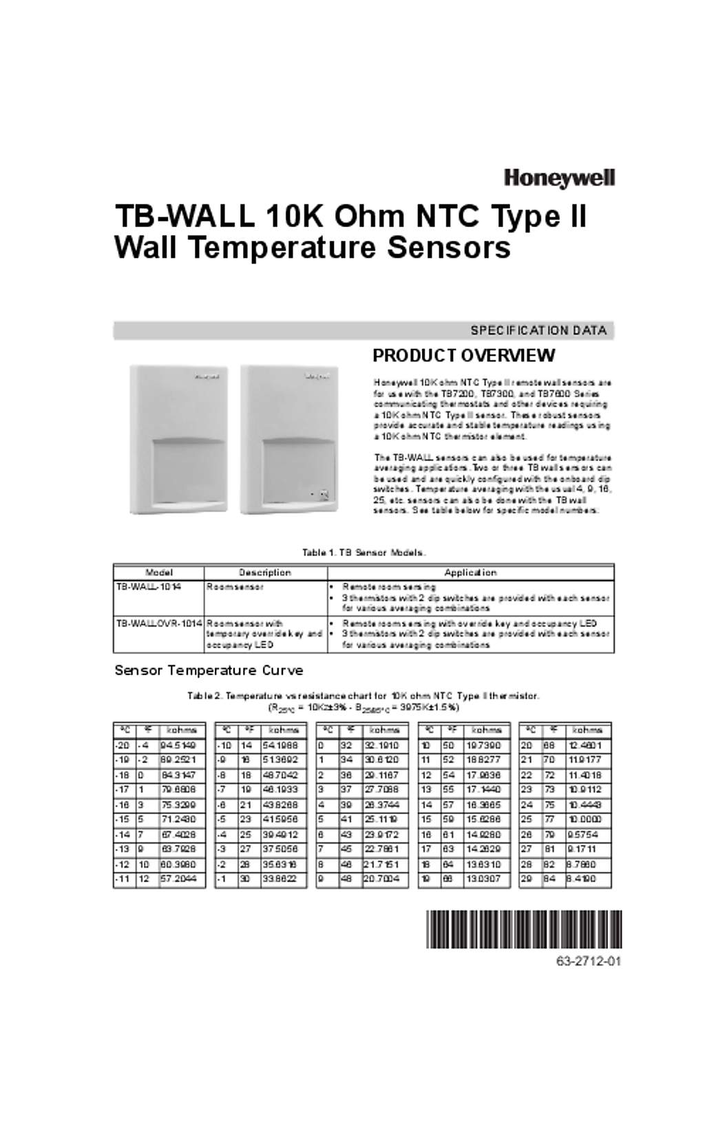Honeywell 63-2712—01 - TB-WALL 10K Ohm NTC Type II Wall Temperature Sensors