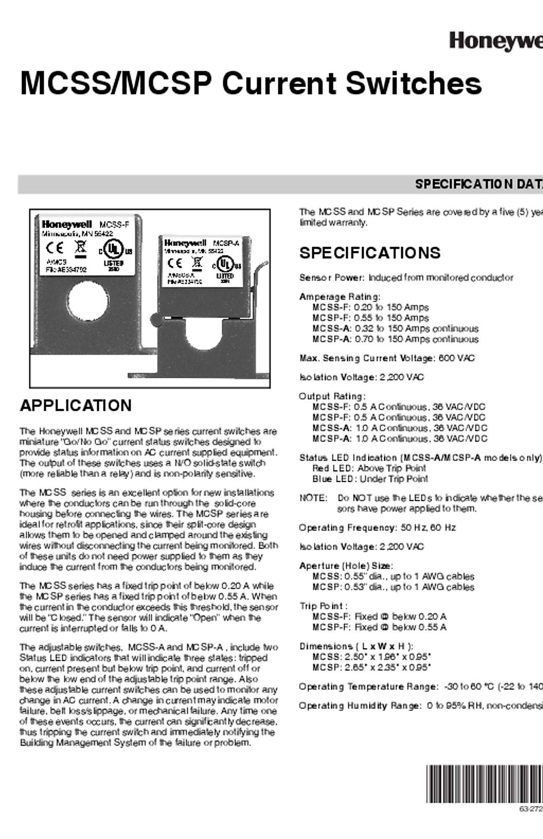 Honeywell 63-2720—02 - MCSS/MCSP Current Switches