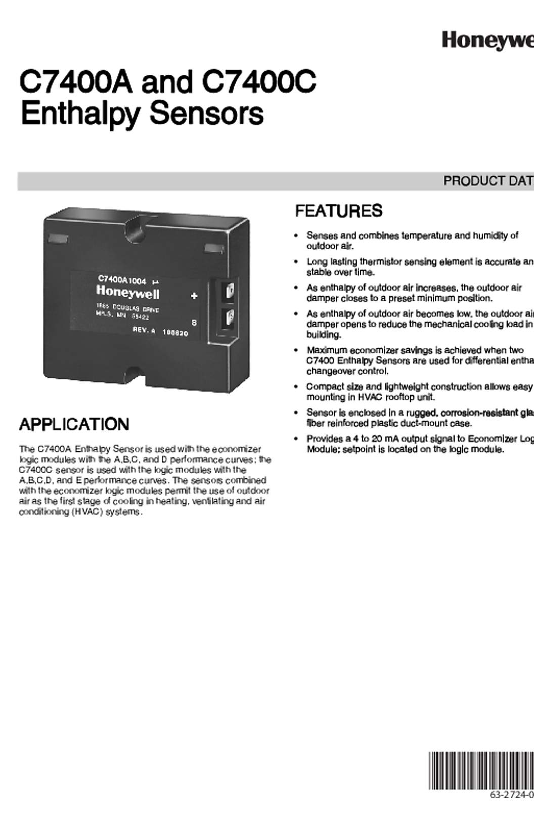Honeywell C7400A and C7400C Enthalpy Sensors Product Data - 63-2724
