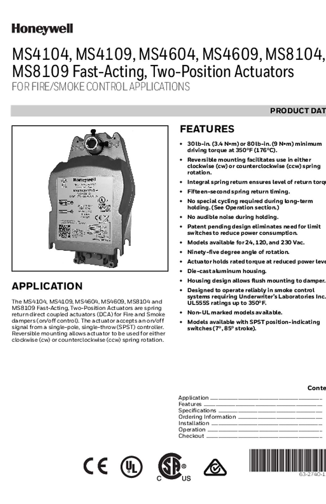 Honeywell 63-2740—11 - MS4104, MS4109, MS4604, MS4609, MS8104, MS8109 Fast-Acting, Two-Position Actuators