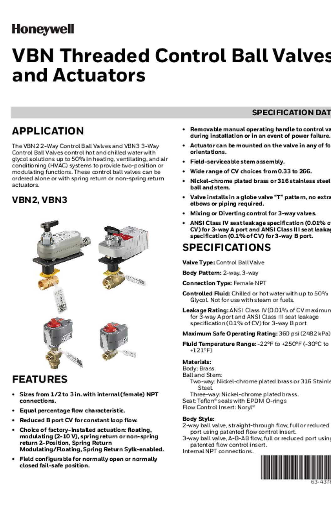 Honeywell 63-4378—09 - VBN Threaded Control Ball Valves and Actuators