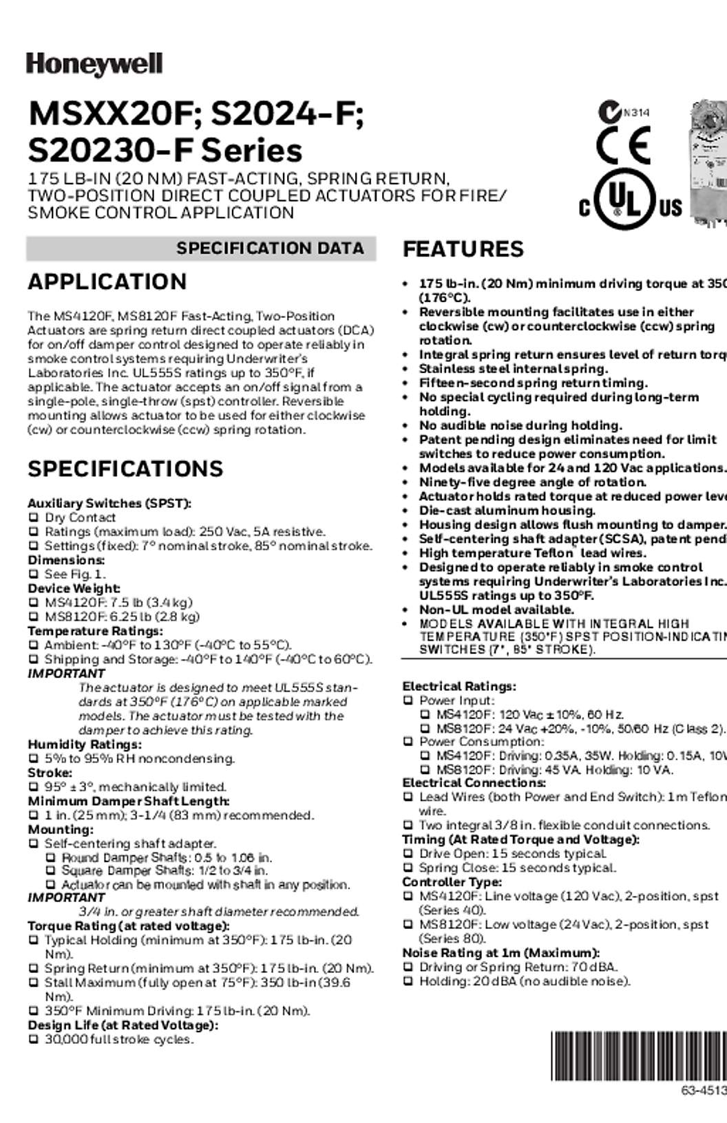 Honeywell 63-4513—05 - MSXX20F; S2024-F; S20230-F Series