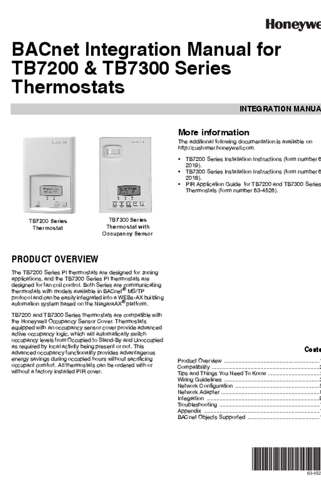 Honeywell 63-4524—03 - BACnet Integration Manual for TB7200 & TB7300 Series Thermostats