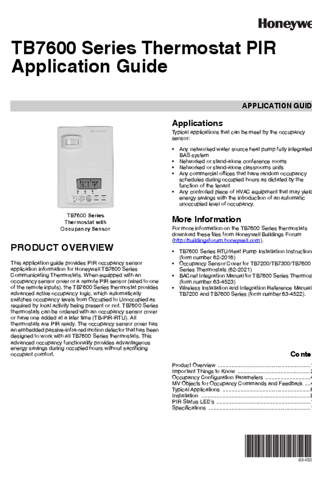 Honeywell 63-4525—02 - TB7600 Series Thermostat PIR Application Guide