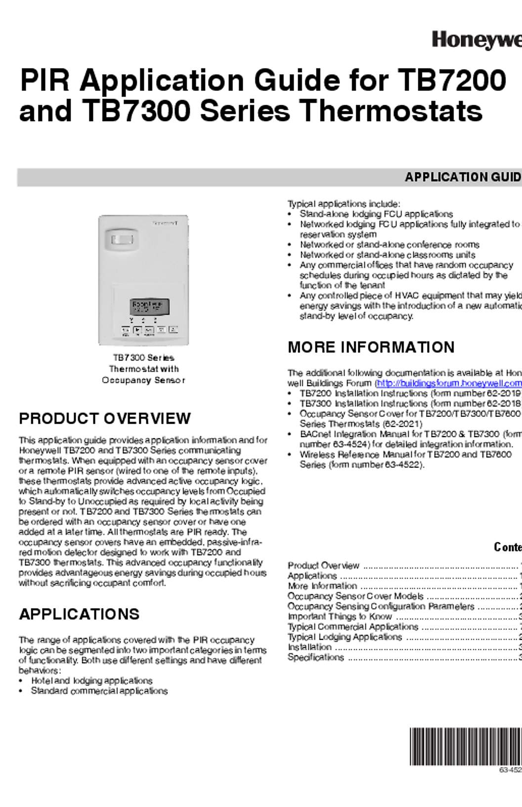 Honeywell 63-4526-02 - PIR Application Guide for TB7200 and TB7300 Series Thermostats