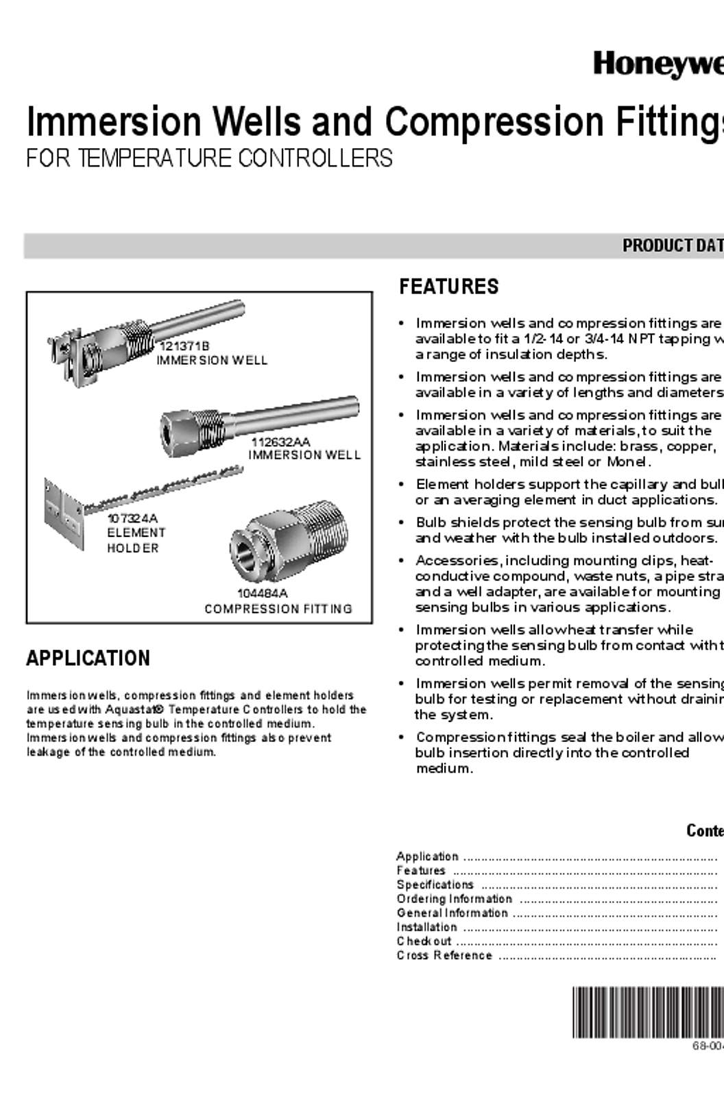 Honeywell 68-0040—04 - Immersion Wells and Compression Fittings