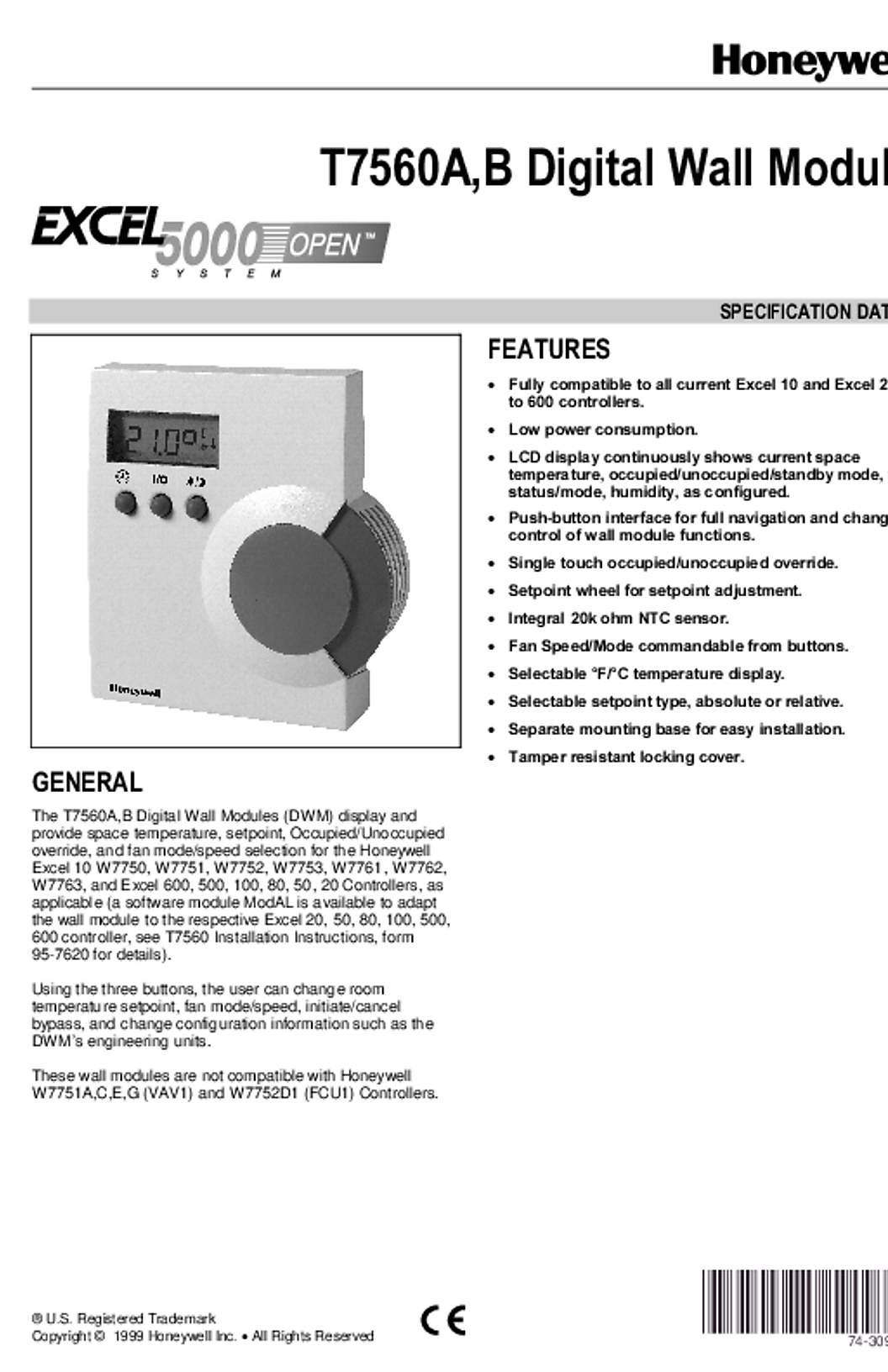 Honeywell 74-3097 -  T7560A,B Digital Wall Module