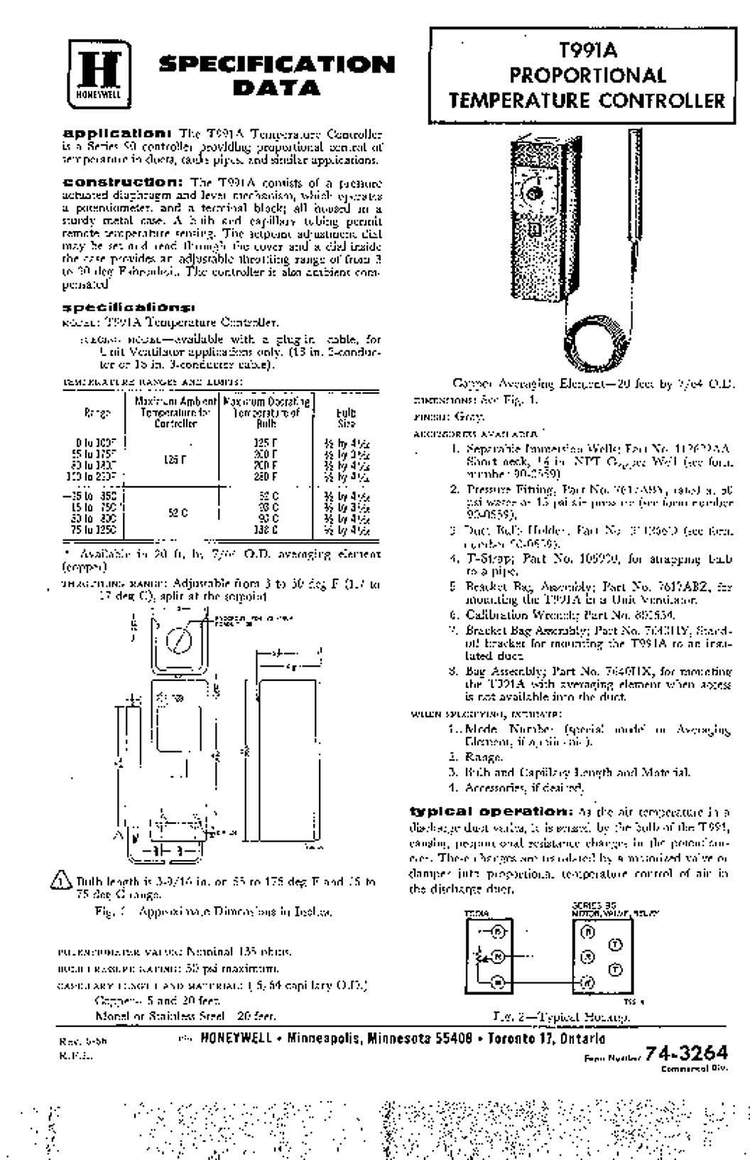 Honeywell T991A Proportional Temperature Controller