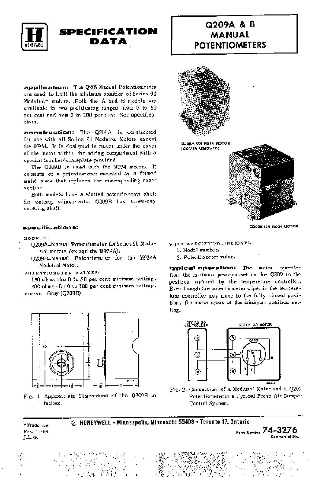 Honeywell Q209A,B Manual Potentiometers