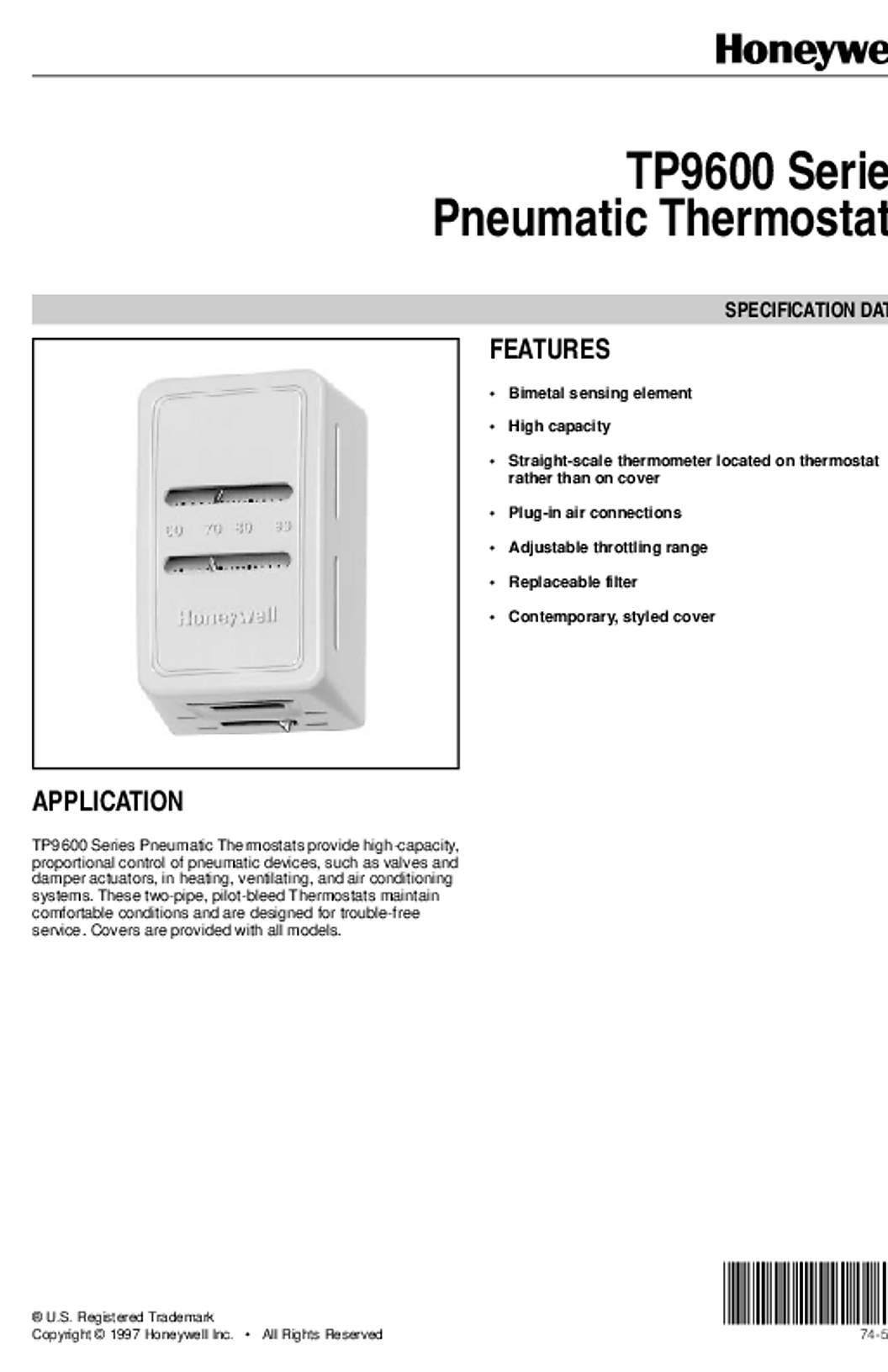 Honeywell 74-5594 - TP9600 Series Pneumatic Thermostats