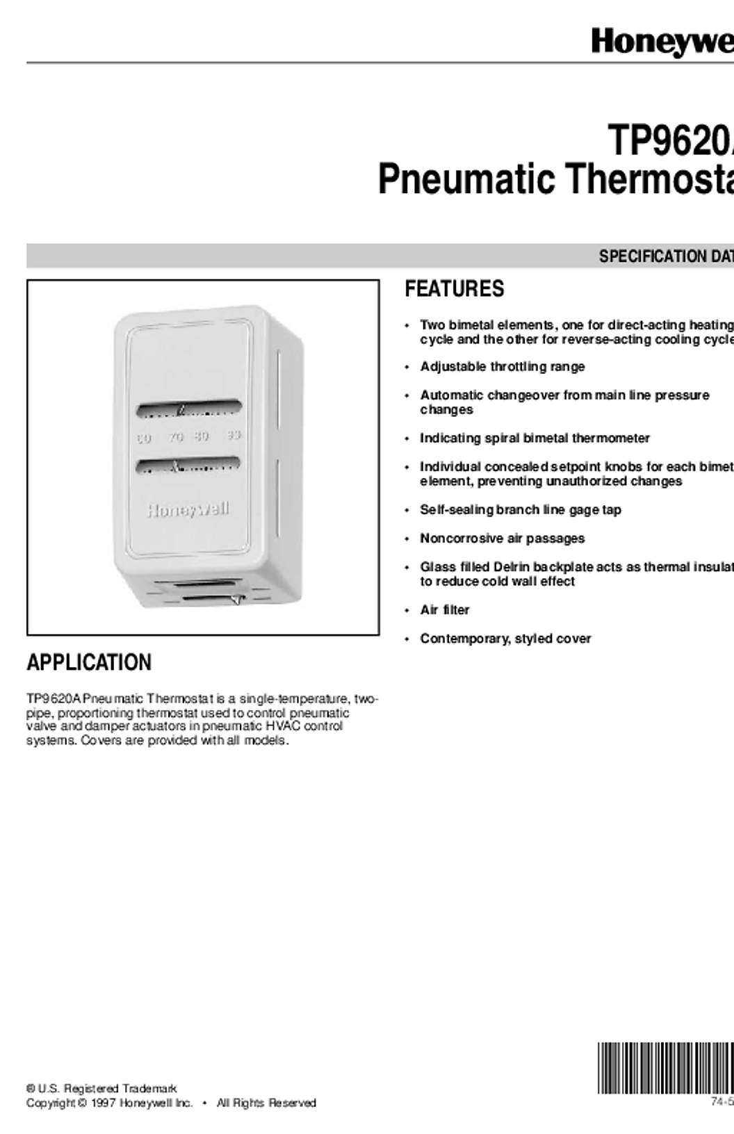 Honeywell 74-5596 - TP9620A Pneumatic Thermostat
