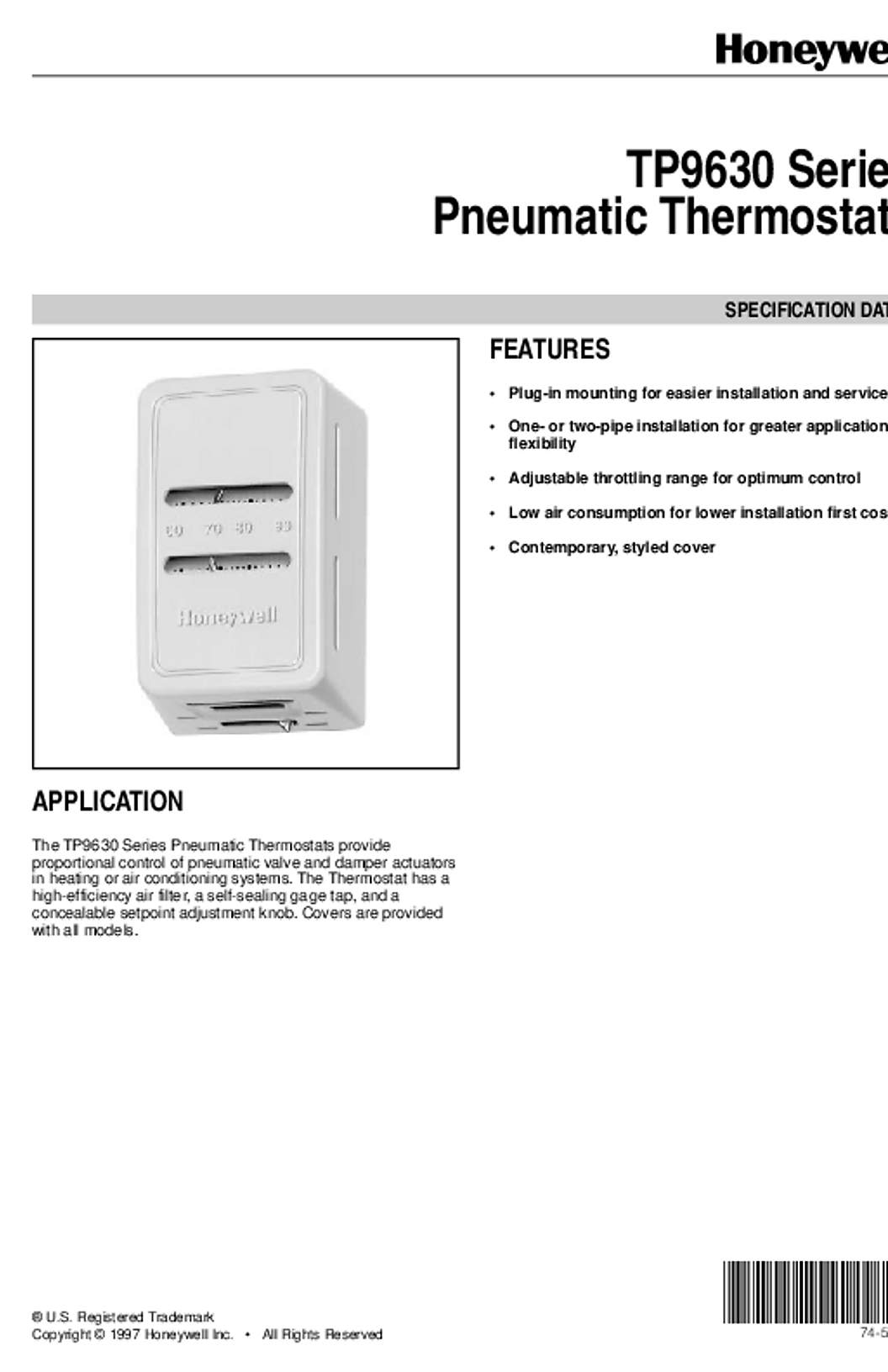 Honeywell 74-5597 - TP9630 Series Pneumatic Thermostats