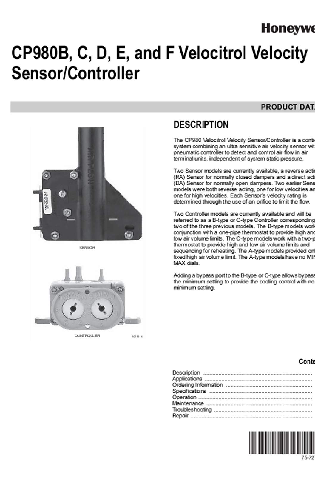 Honeywell 75-7270—01 - CP9808B, C, D, E, and F Velocitrol Velocity Sensor/Controller