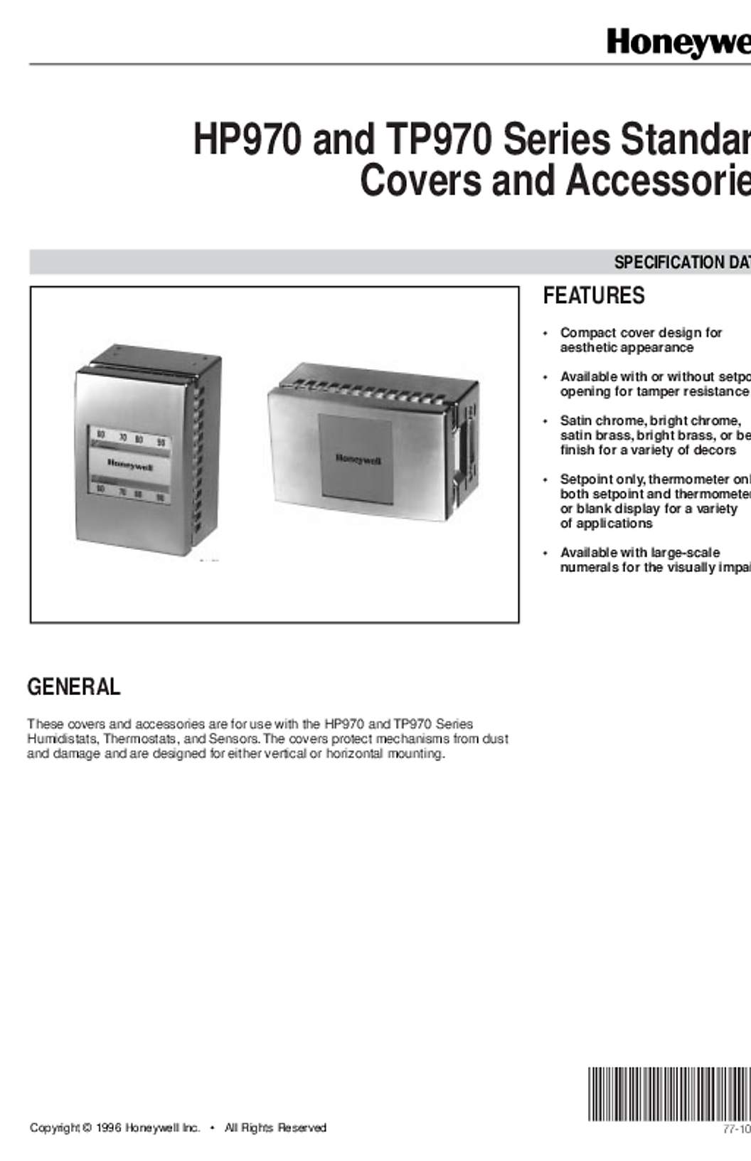 Honeywell 77-1003 - HP970/TP970 Series Standard Covers/Accessories