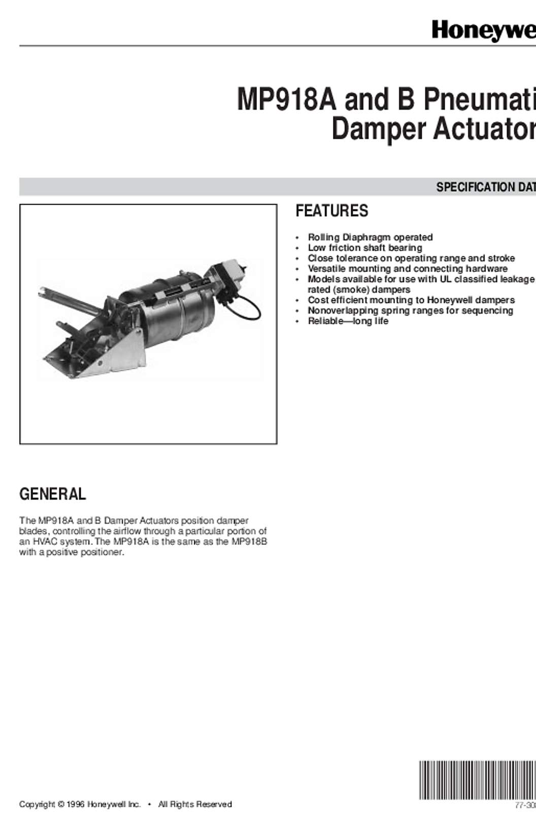 Honeywell 77-3080 - MP918A&B Pneumatic Damper Actuator