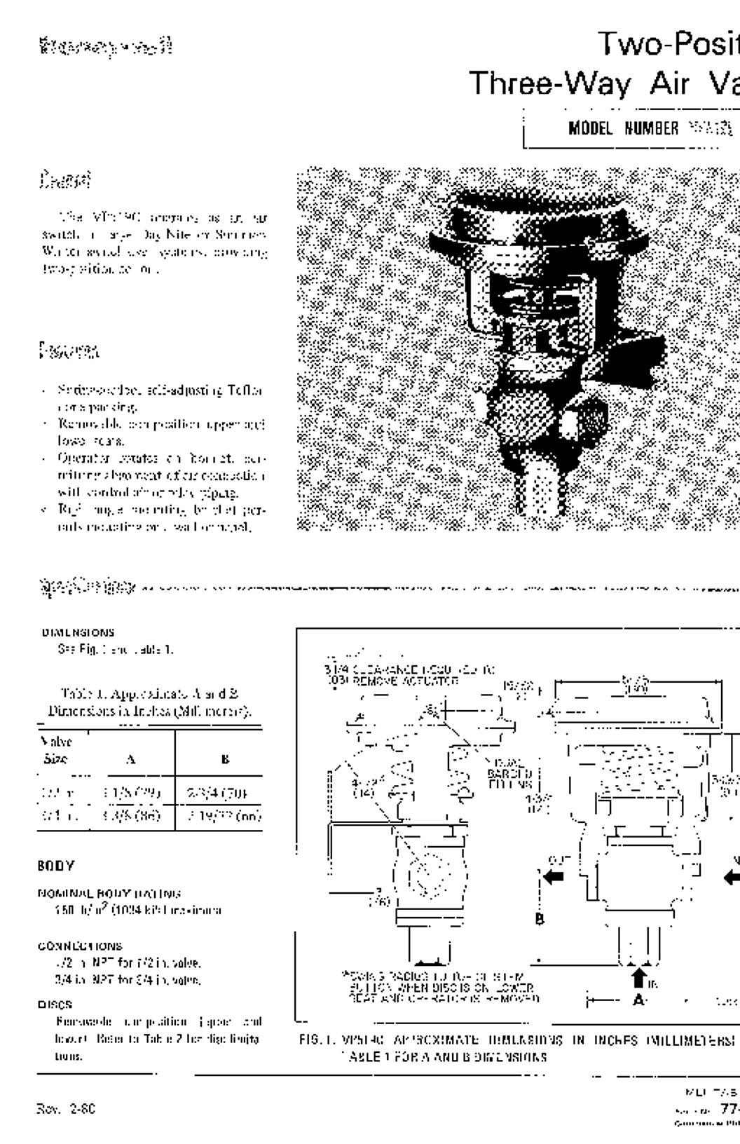 Honeywell Two-Position Three-Way Air Valve Specification data