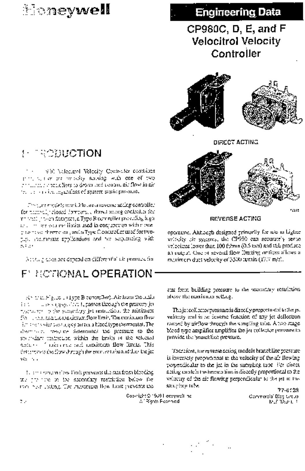Honeywell CP980C,D,E, and F Velocitrol Velocity Controller