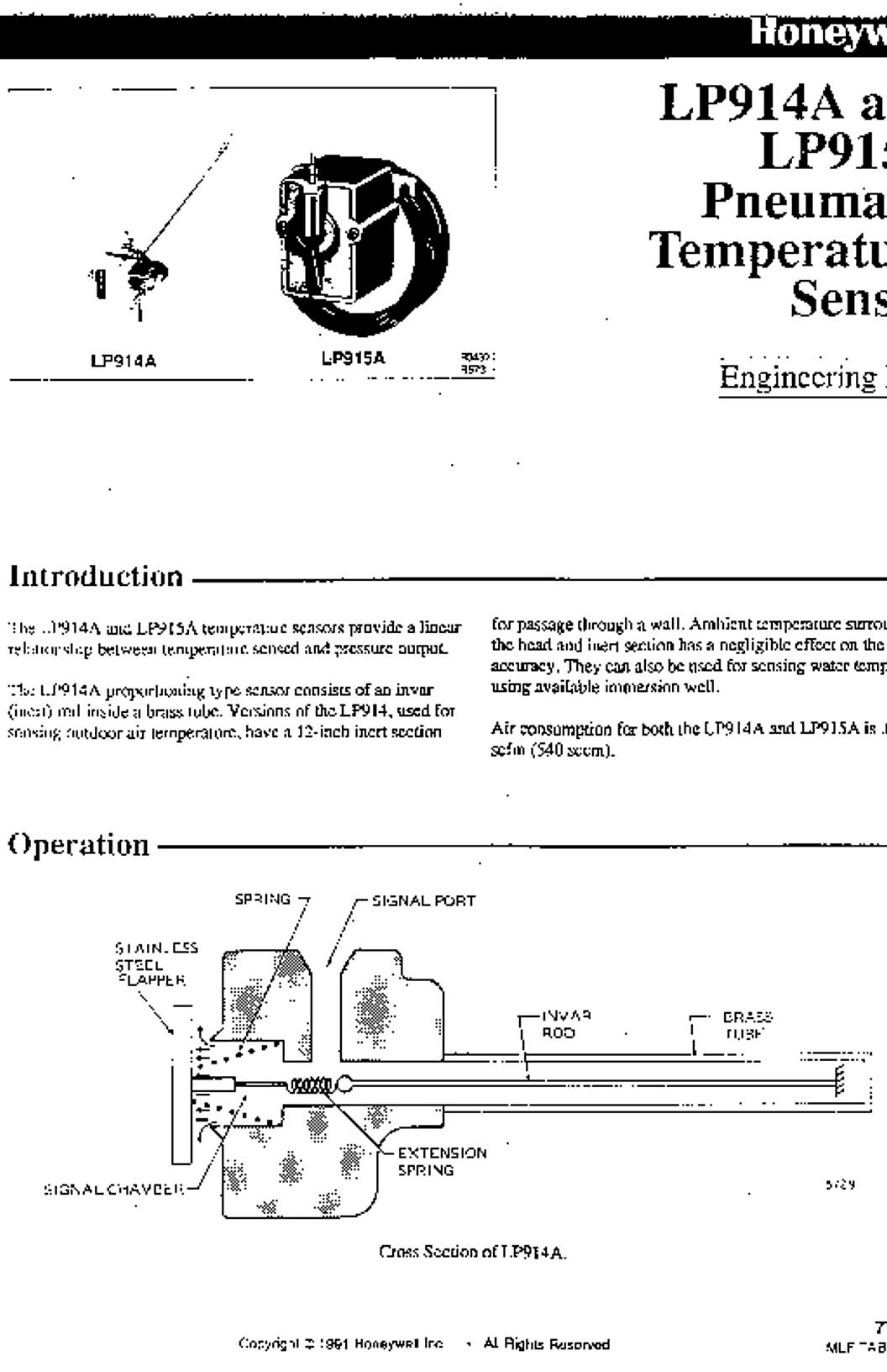 Honeywell LP914A and LP915A Pneumatic Temperature Sensor