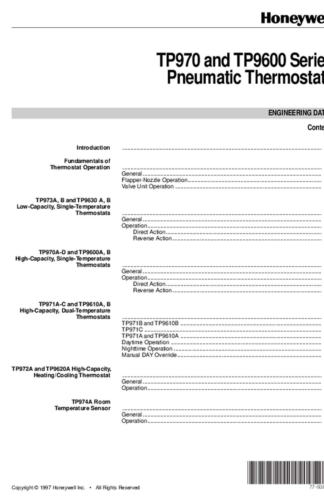 Honeywell 77-9328 - TP970 and TP9600 Series Pneumatic Thermostats