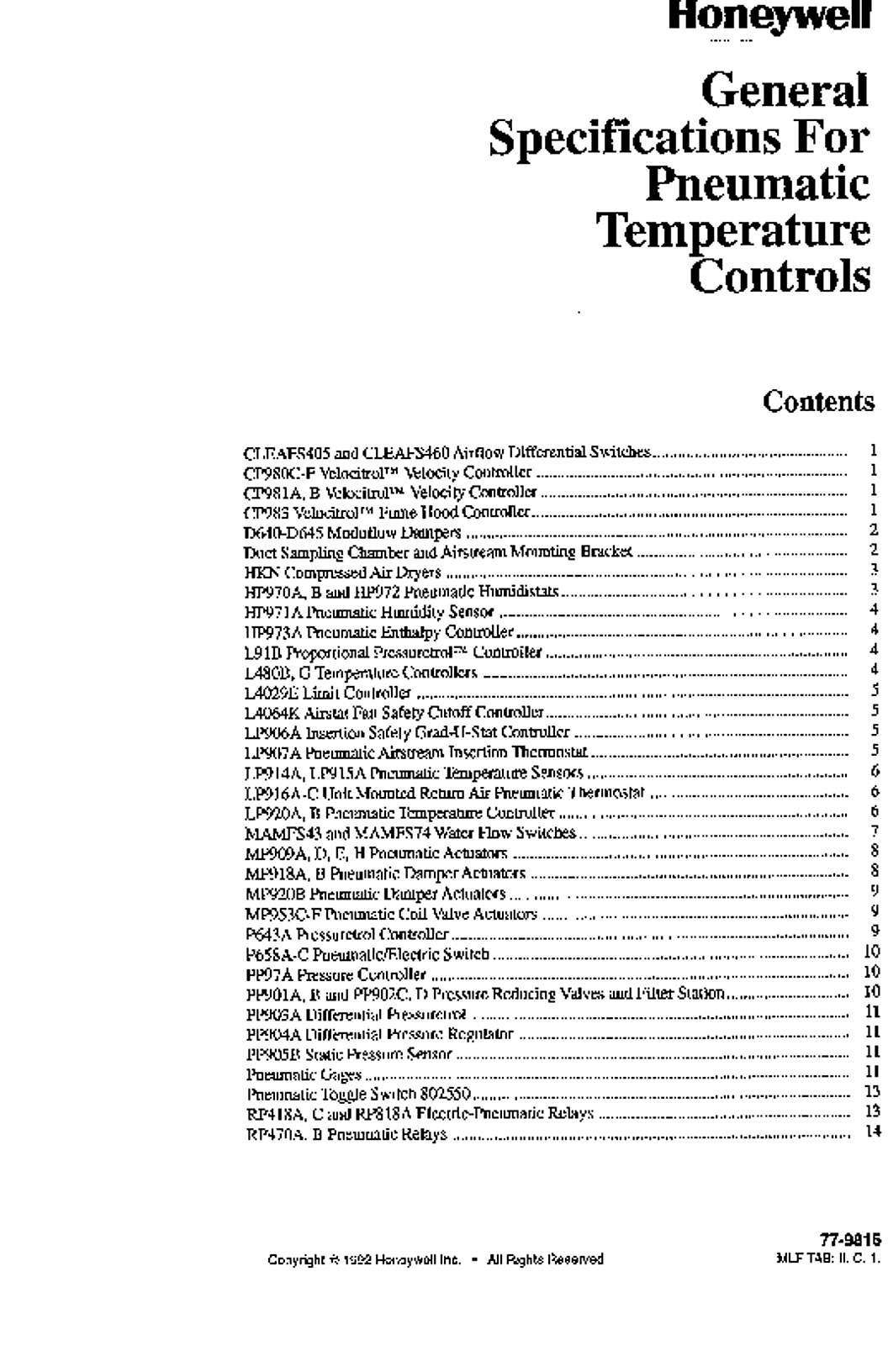 Honeywell General Specifications for Pneumatic Temperature Controls