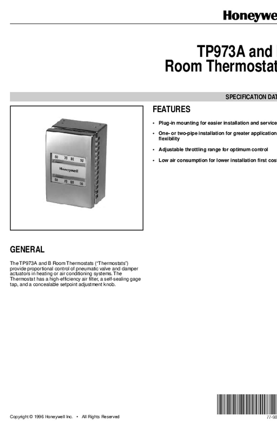 Honeywell 77-9826 - TP973A and B Room Thermostats